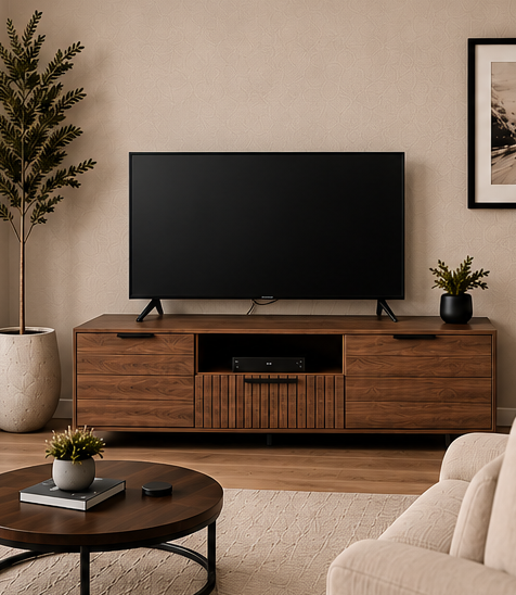 Television resting on a media console